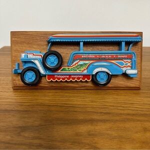 Vintage 1982 Philippine Jeepney 3D Wood Mounted Blue WWIl Jeep Memorabilia